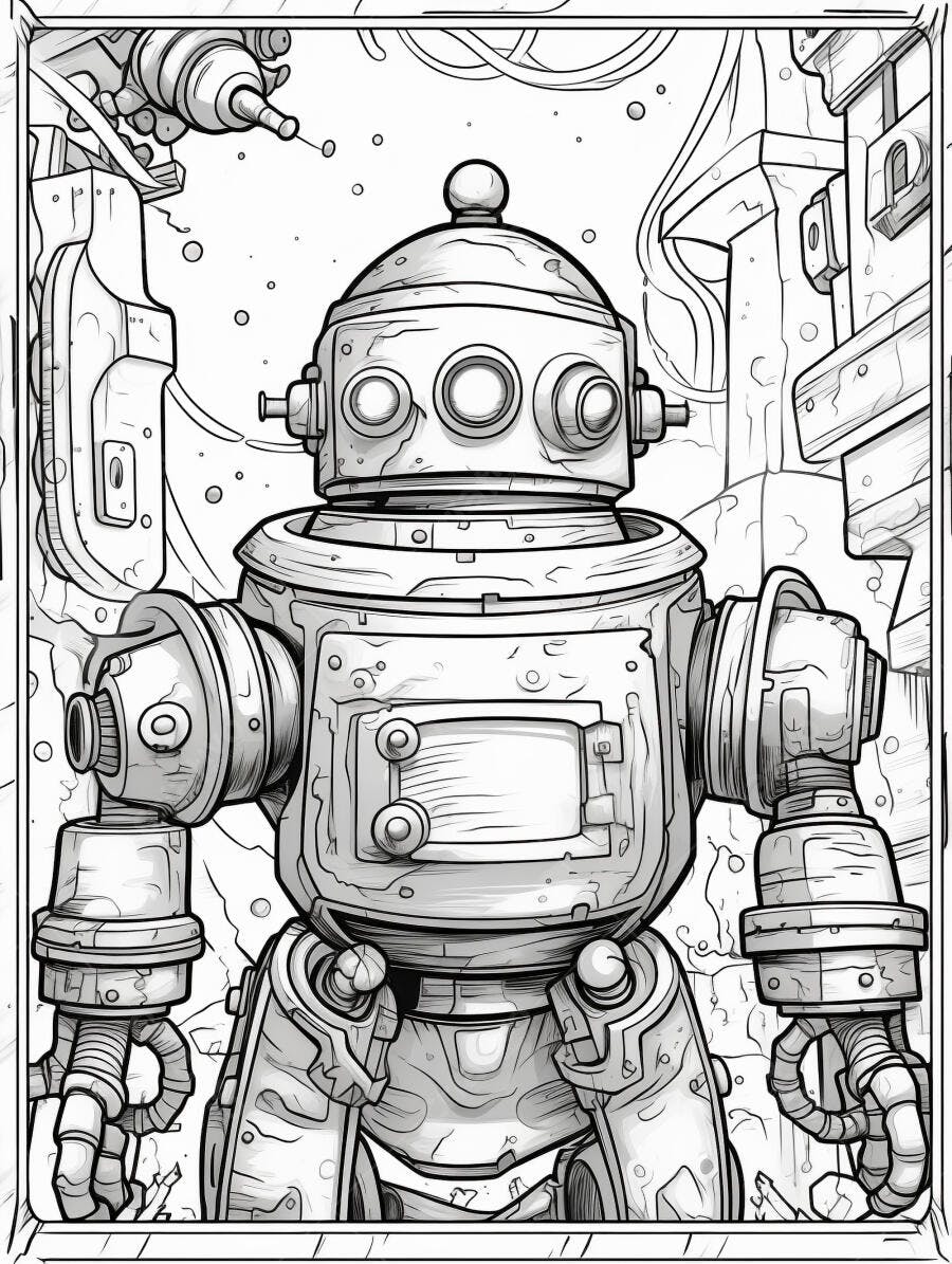 Robô vintage detalhado com olhos redondos desenho em preto e branco para colorir