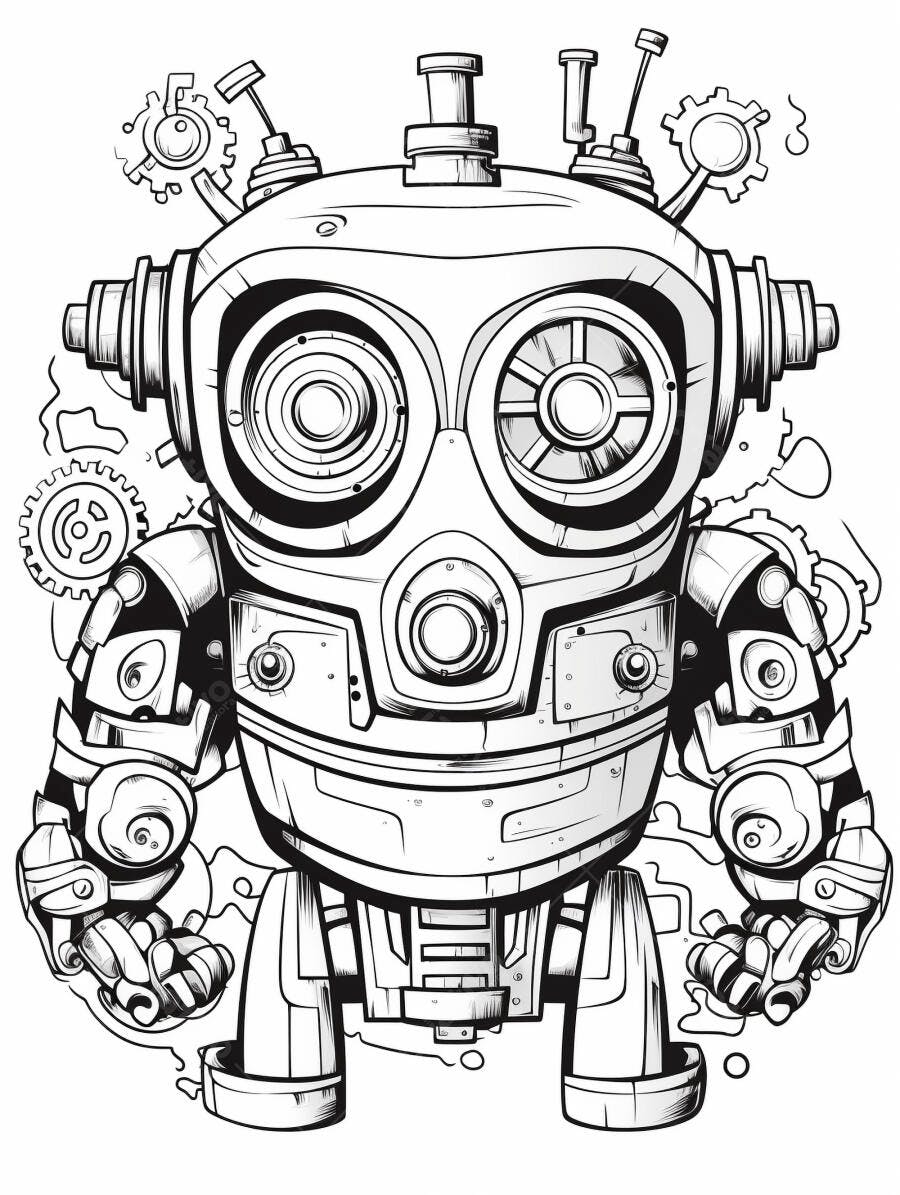 Robô cartoon steampunk desenho para colorir com engrenagens estilo vintage