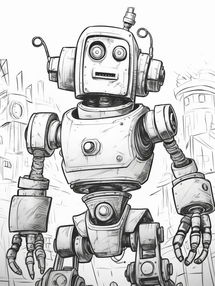 Robô vintage de desenho animado em preto e branco cenário urbano