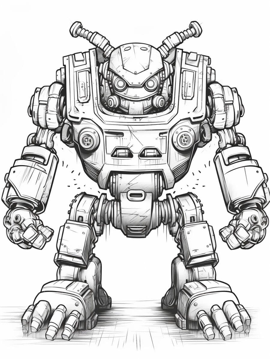 Robô pesado estilo cartoon ilustração digital em preto e branco