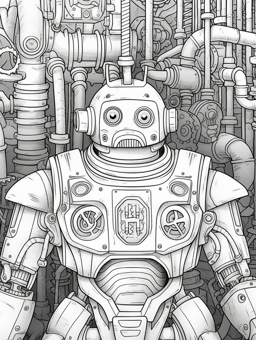 Robô steampunk detalhado em complexa máquina industrial