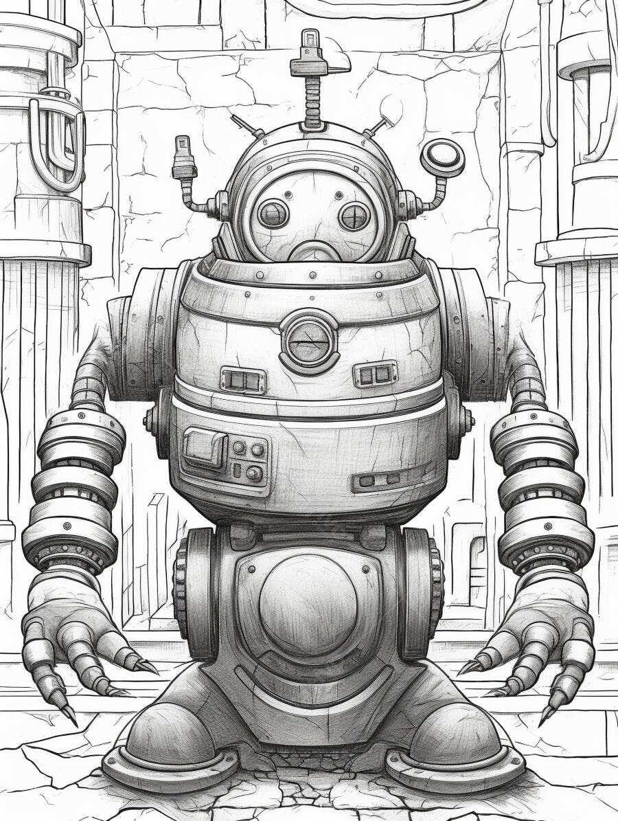 Robô vintage em desenho preto e branco no cenário de ruínas antigas