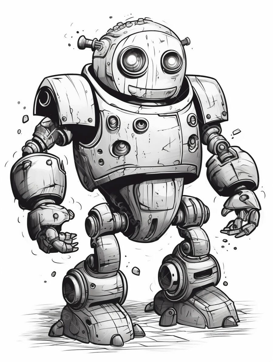 Robô feliz desenho animado estilo vintage em preto e branco