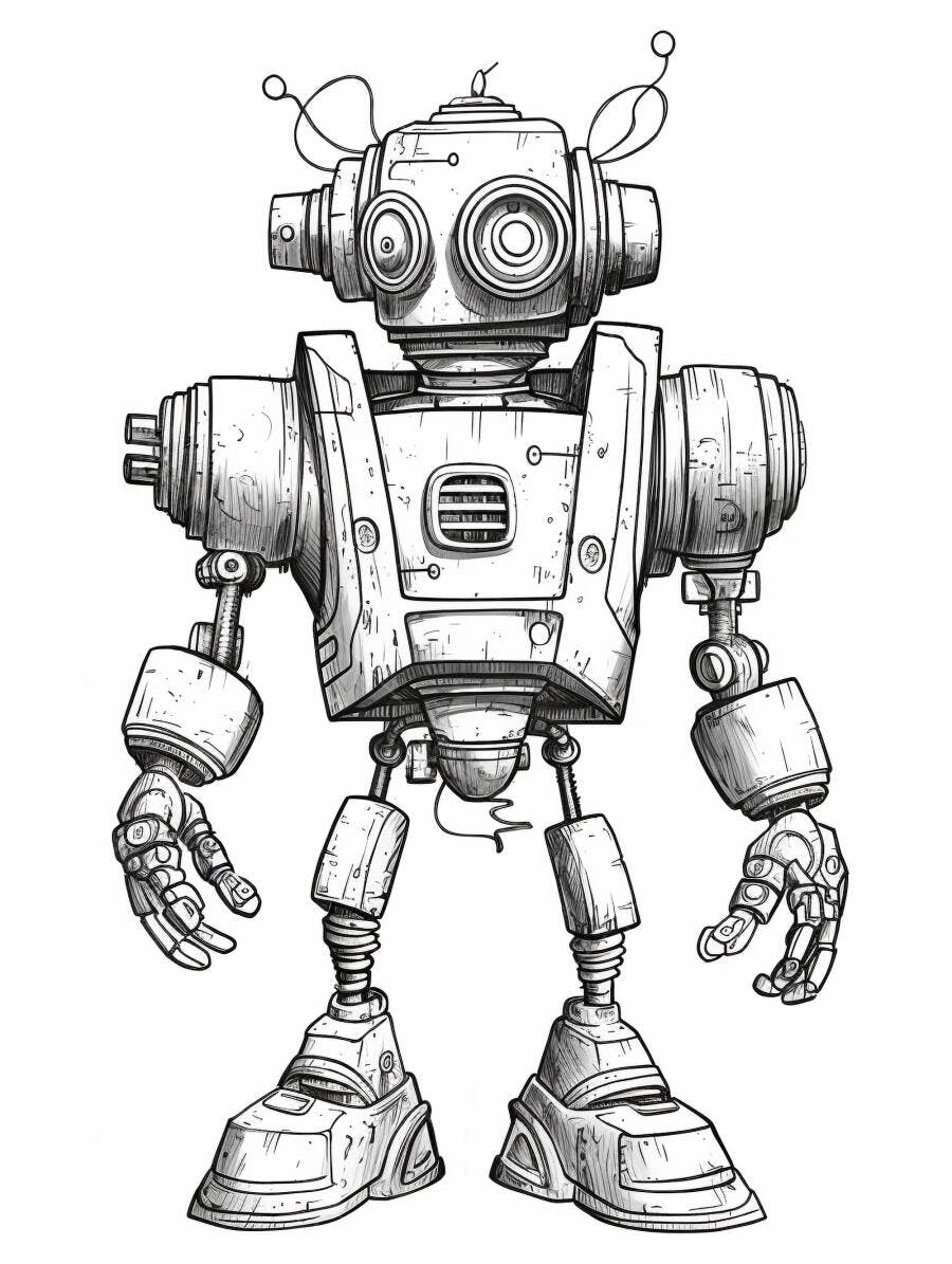 Desenho de robô vintage com antena e olhos circulares em fundo branco