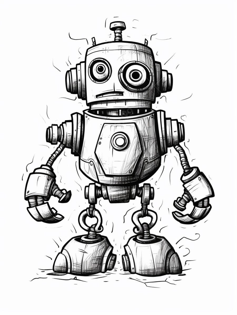 Robô desenho animado estilo vintage preto e branco isolado