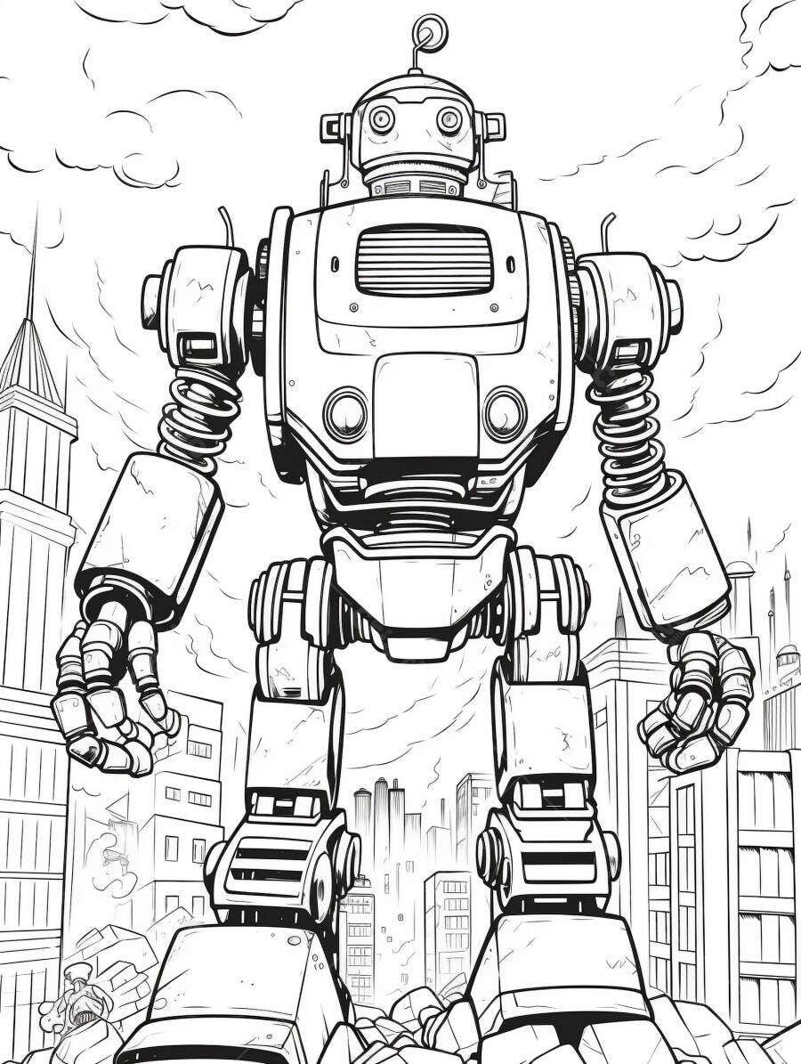 Robô gigante retro futurista em cidade destruída desenho em preto e branco