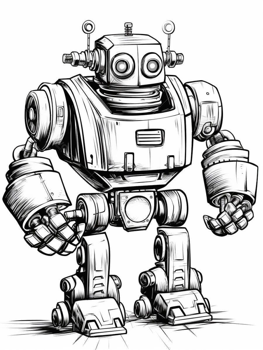 Robô cartoon preto e branco ilustração mecânica detalhada design vintage