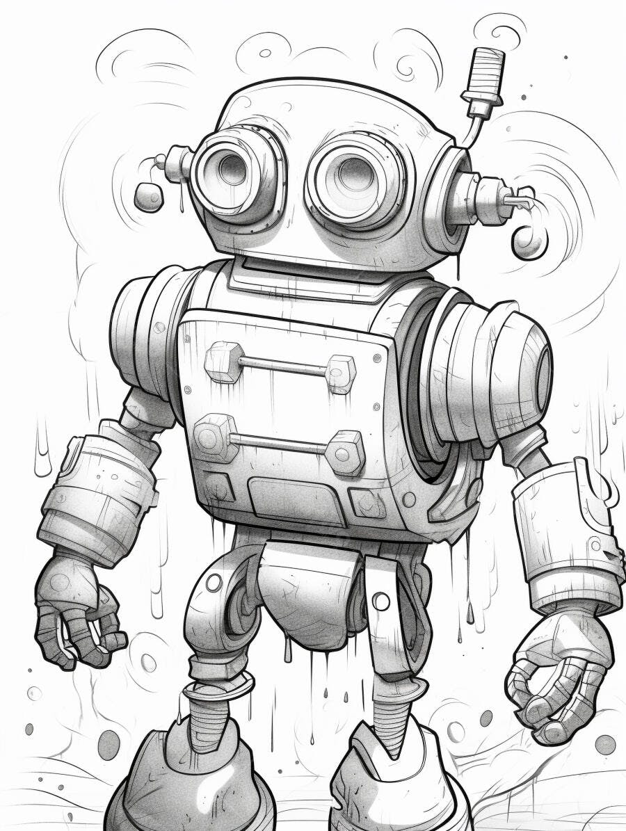 Robô vintage desenho estilo cartoon para colorir arte de linha monocromático