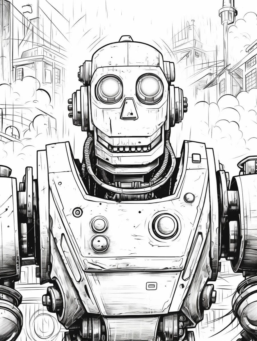 Robô estilo retrô com olhos brilhantes em cidade industrial desenho preto e branco