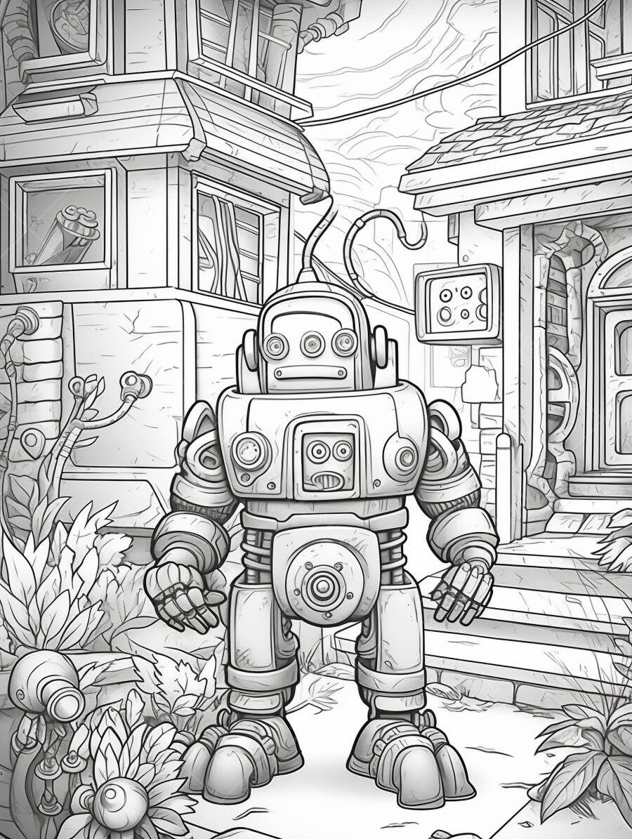 Robô mecânico detalhado em cena urbana futurista ilustração para colorir