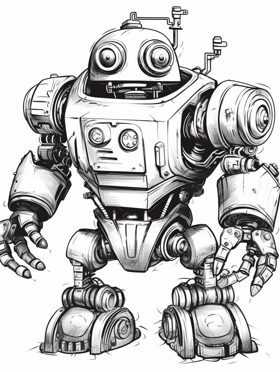Desenho de robô retro futurista cinza e preto com olhos grandes