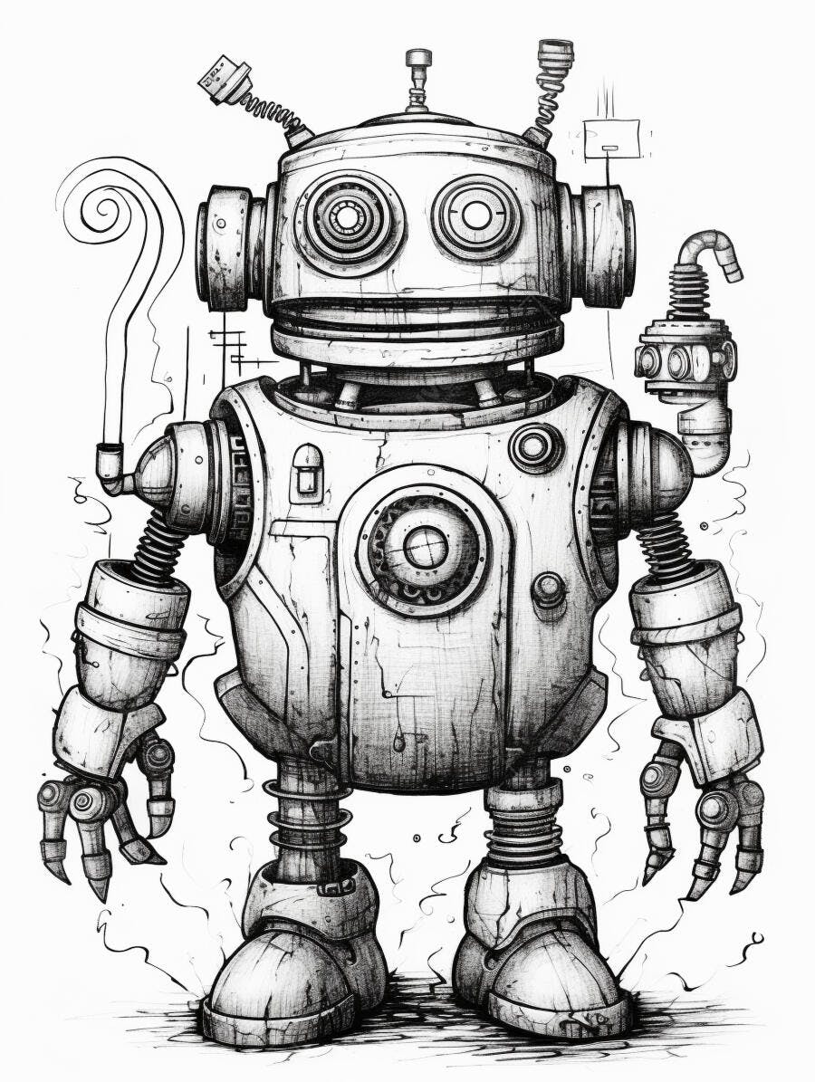 Robô vintage desenhado a lápis com ponto de interrogação curioso em fundo branco