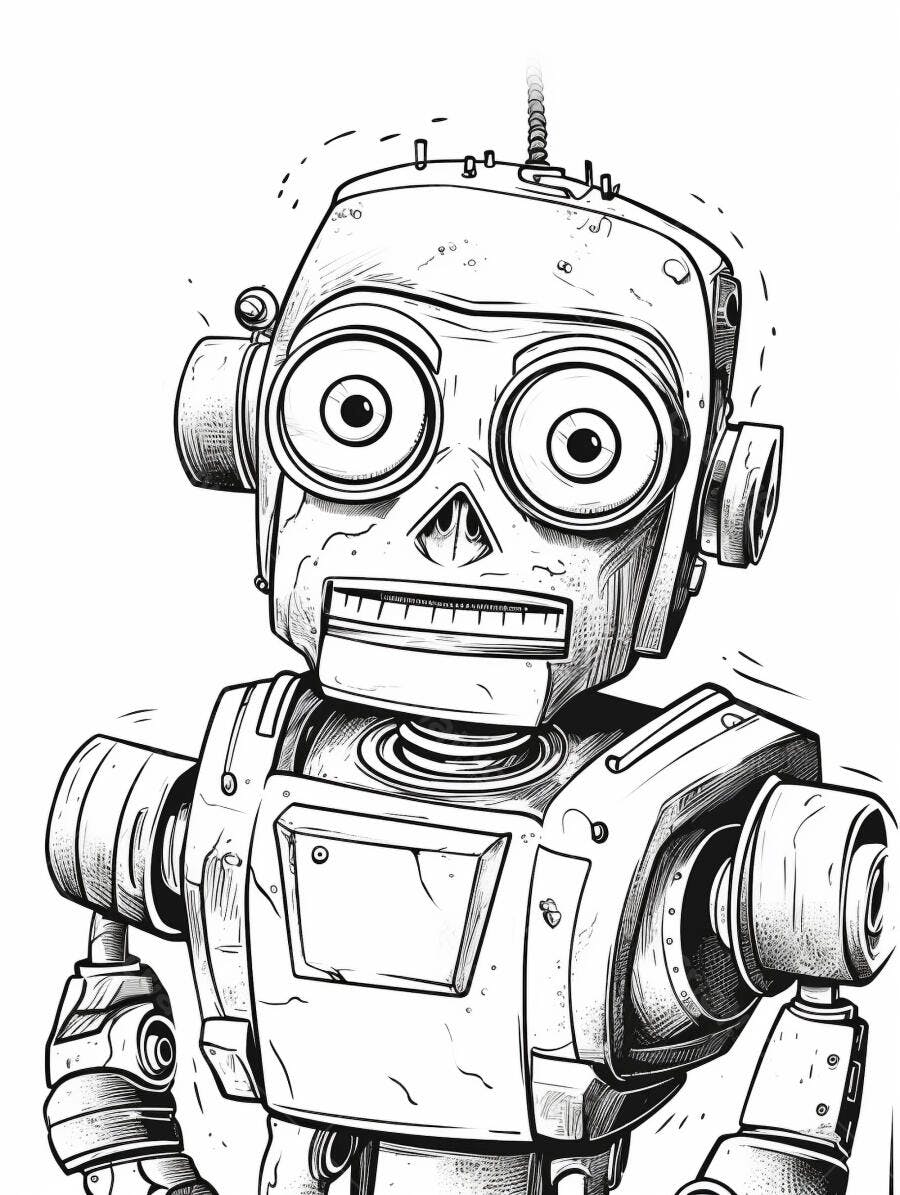Robô de desenho animado vintage preto e branco com olhos grandes e expressão curiosa