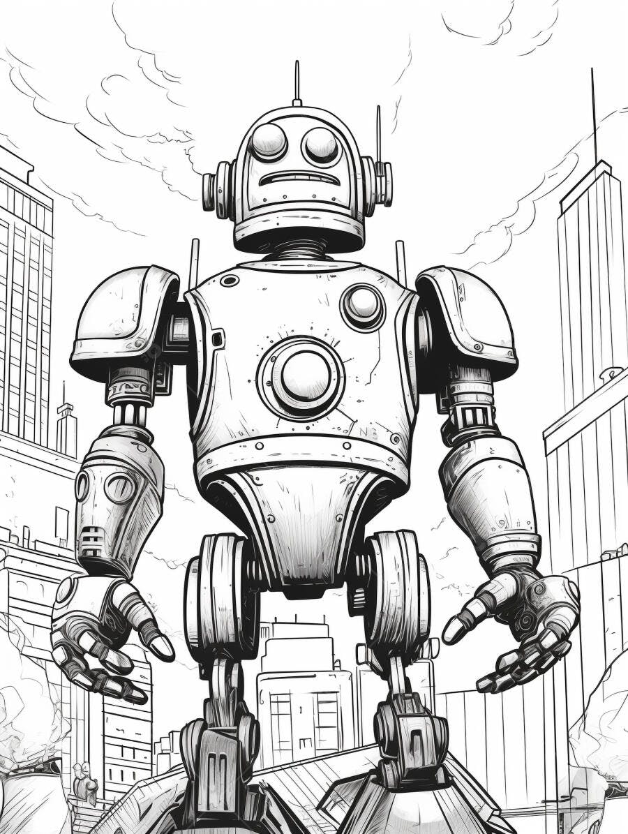 Robô gigante estilo vintage em cidade futurista desenho preto e branco