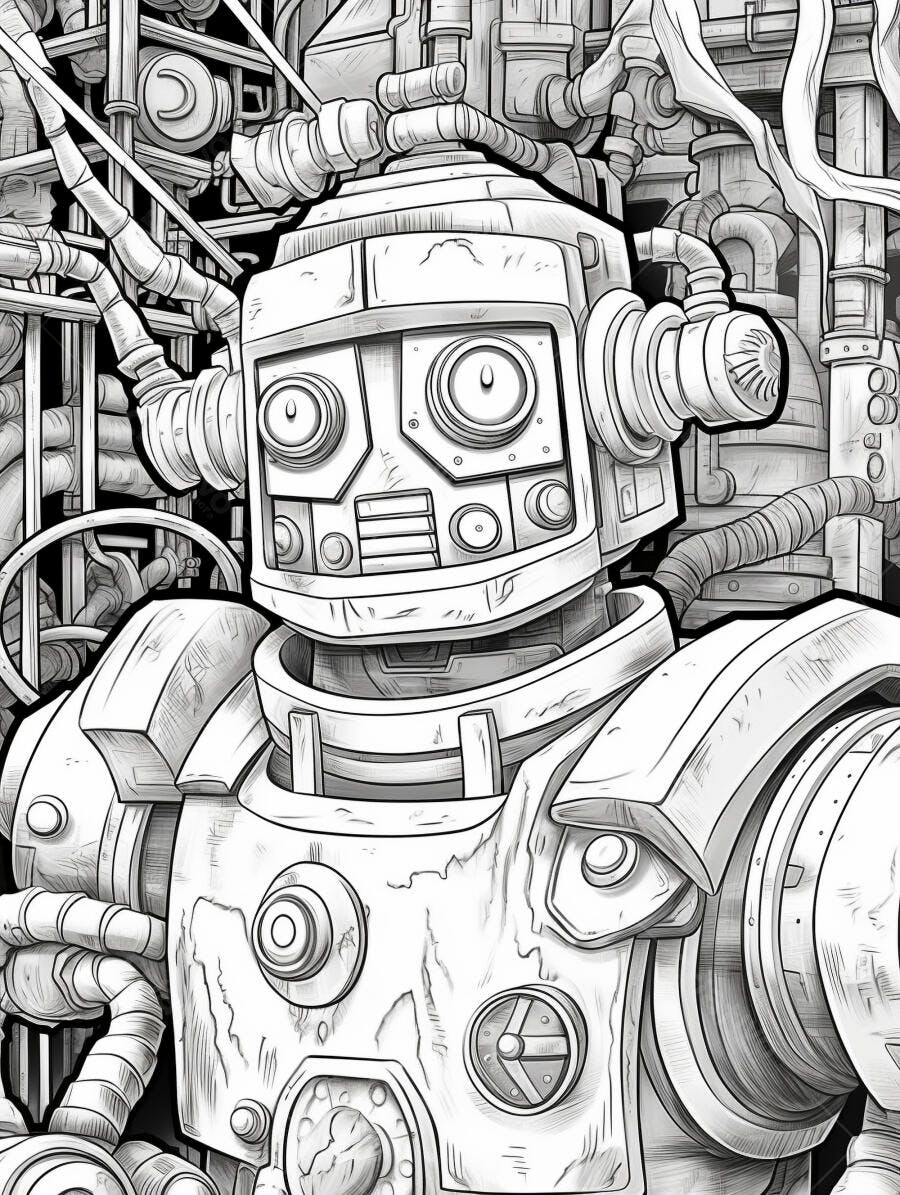 Robô vintage futurista em preto e branco com fundo industrial detalhado