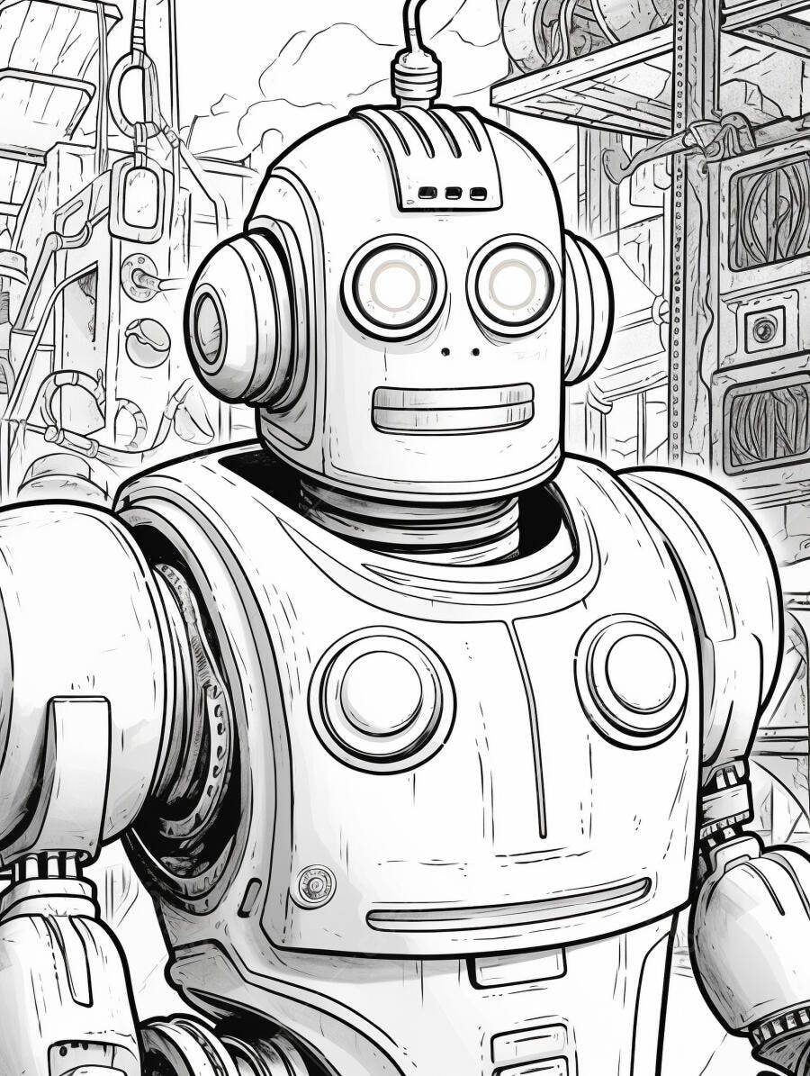 Robô amigável de desenho animado em cenário futurista industrial