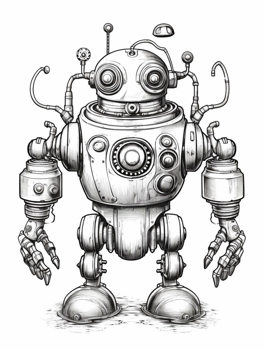 Robô vintage steampunk ilustração monocromática com olhos grandes e antenas