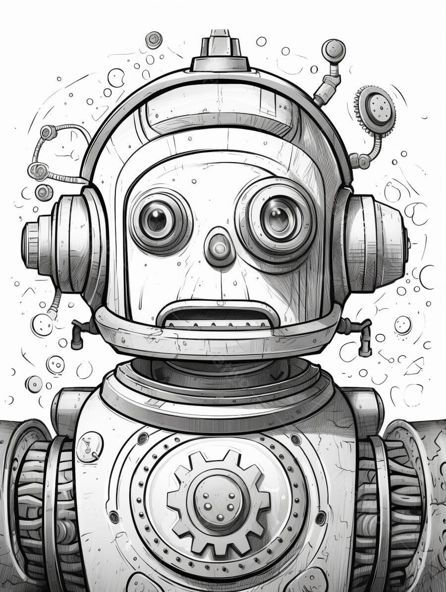 Robô vintage com fones de ouvido e engrenagens estilo desenho animado