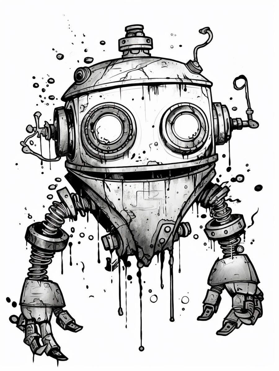 Robô estilo vintage com olhos redondos ilustração preto e branco