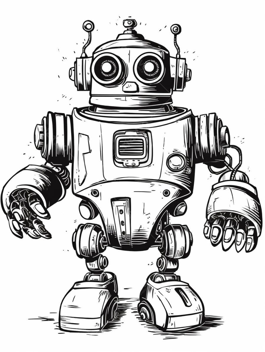 Robô cartoon fofo desenho preto e branco estilo vintage
