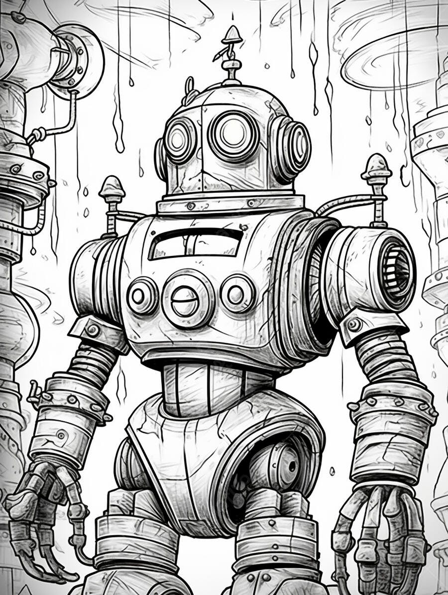 Robô steampunk vintage em ilustração detalhada de fábrica industrial monocromática