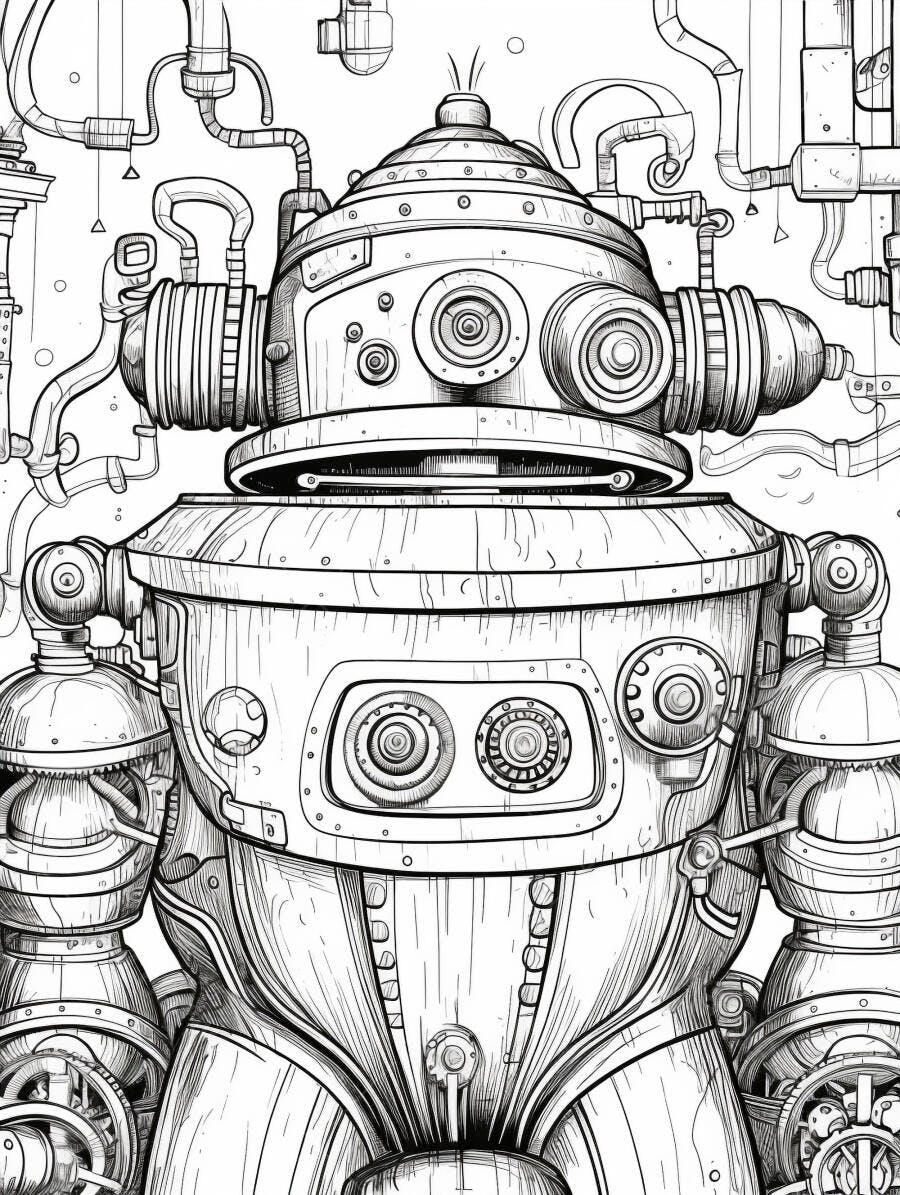 Robô steampunk vintage desenho detalhado com engrenagens e tubulações