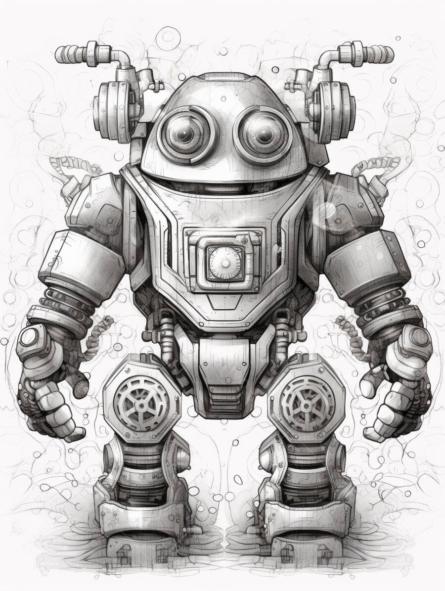 Robô estilo steampunk com olhos grandes e engrenagens em desenho detalhado