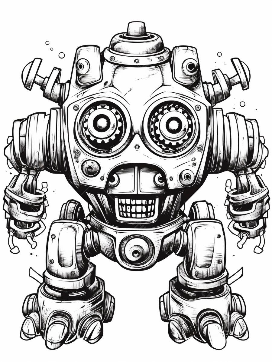 Robô mecânico submarino ilustração em linha com olhos de engrenagem e sorriso amigável