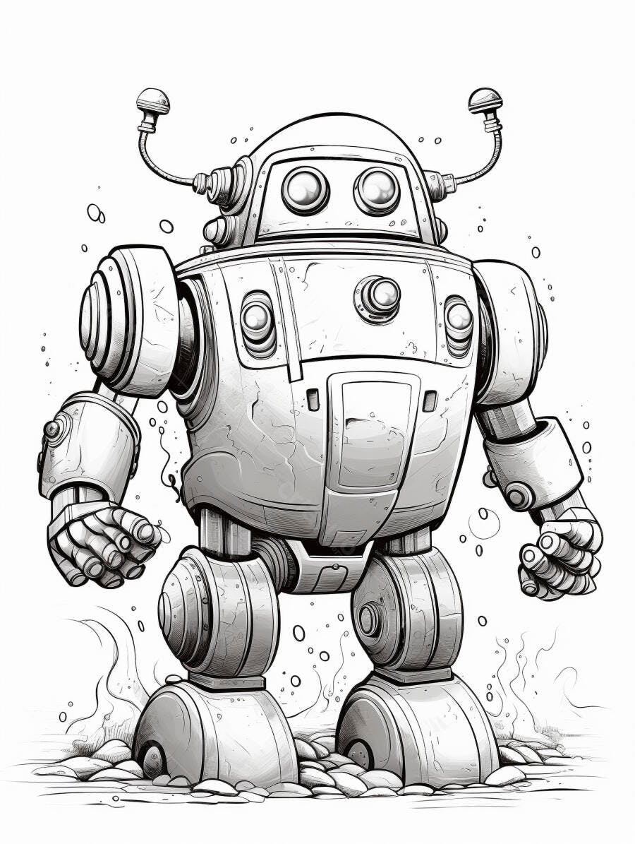 Robô de desenho animado cinza e branco em estilo linha arte