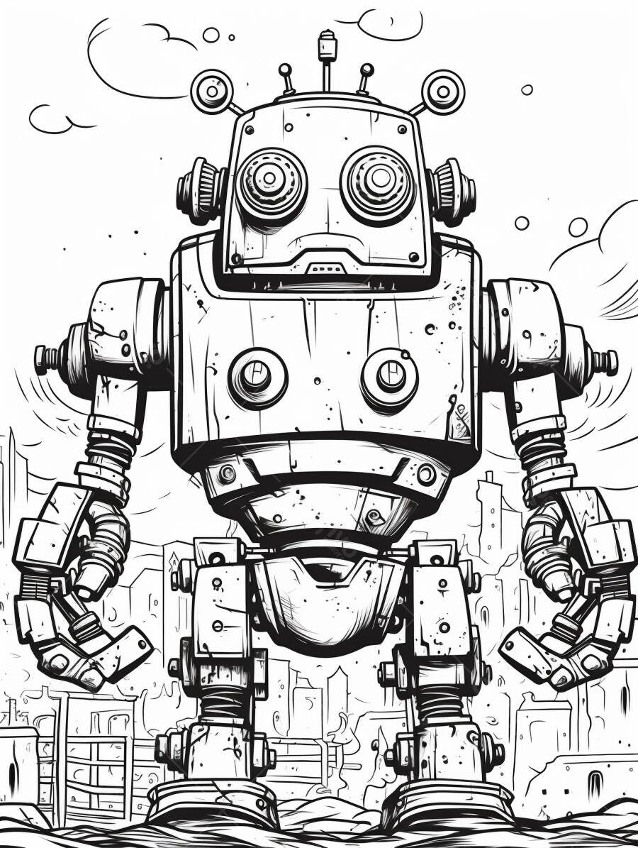 Robô gigante estilo vintage em cidade futurista desenho preto e branco