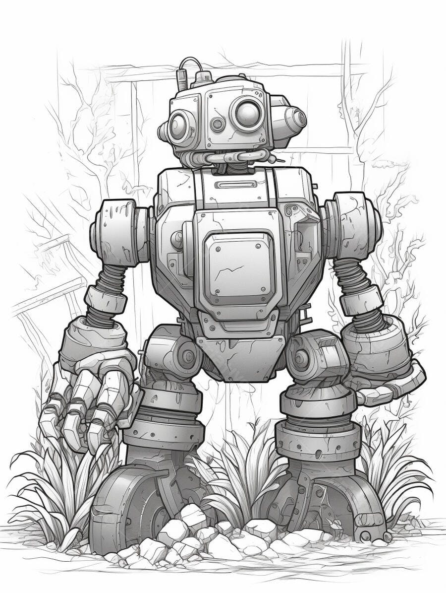 Robô vintage em cenário de natureza selvagem, ilustração em preto e branco