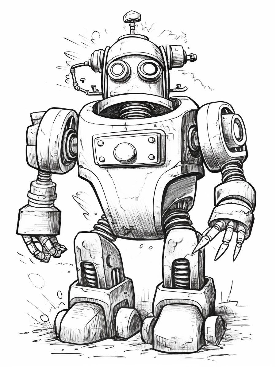 Robô vintage desenhado em estilo cartoon ilustração monocromática
