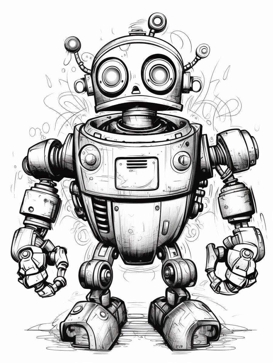 Robô cartoon preto e branco com antenas e detalhes mecânicos