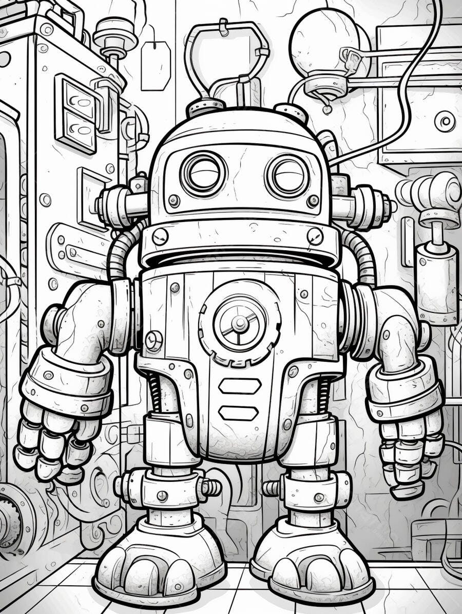 Robô vintage industrial para colorir em oficina mecânica