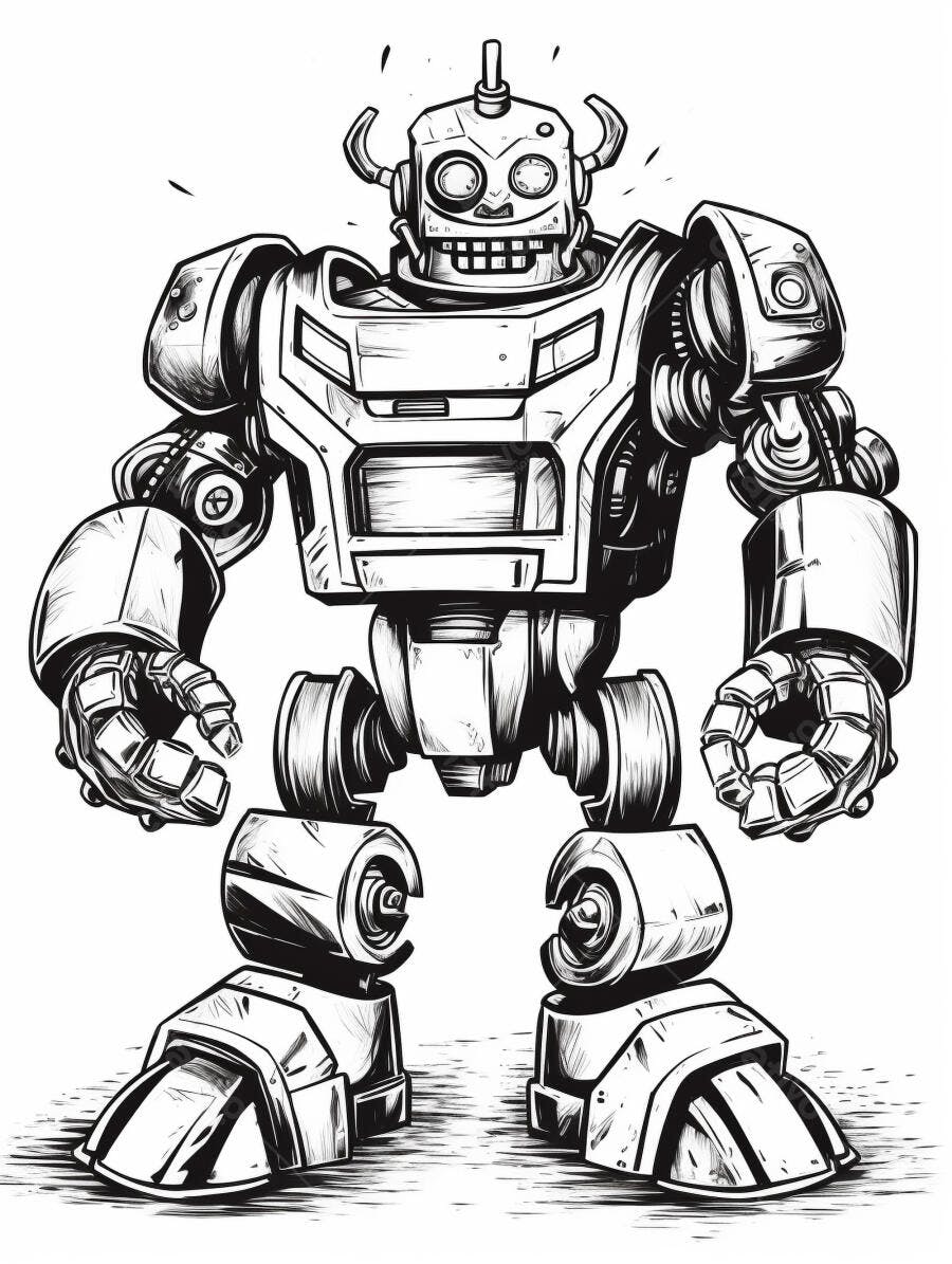 Robô retro robusto sorrindo ilustração preto e branco