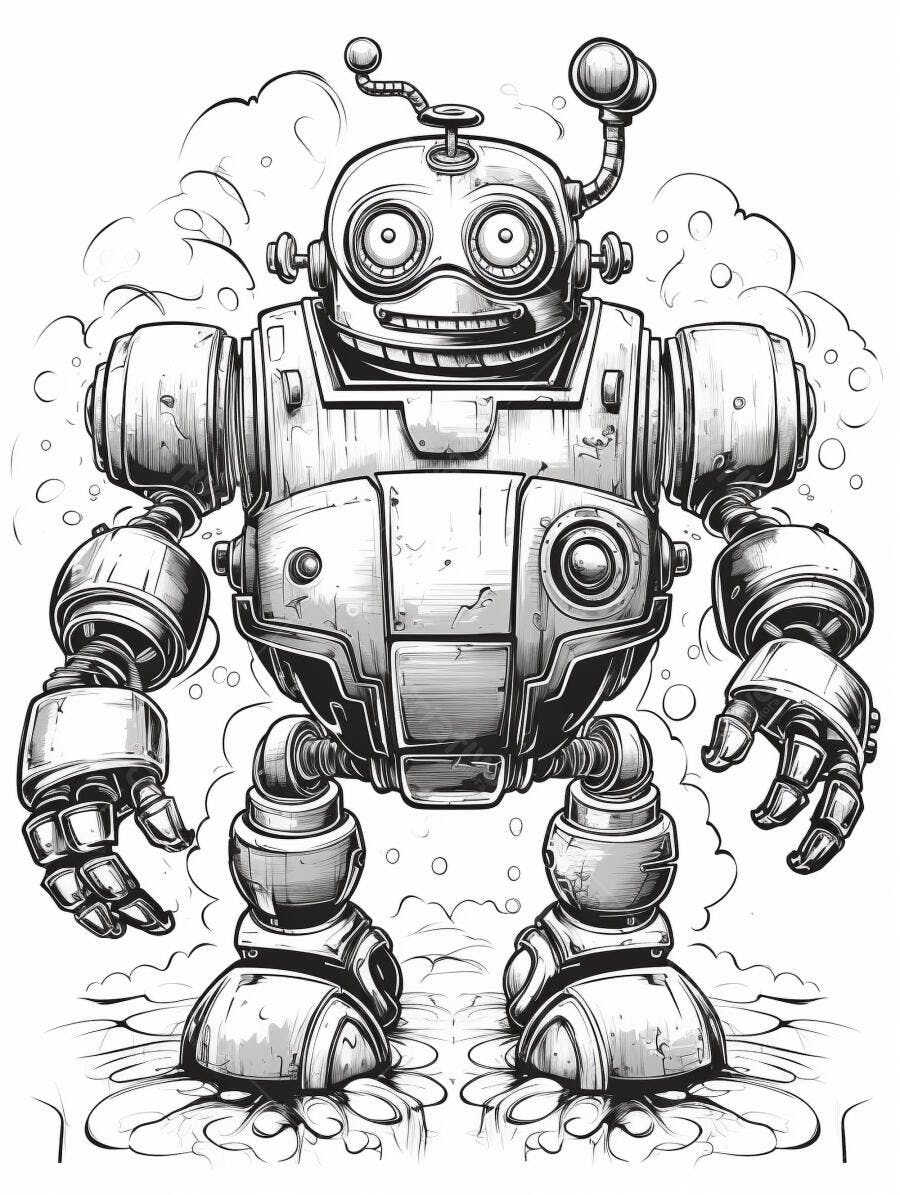 Robô sorridente estilo desenho animado preto e branco ilustracao