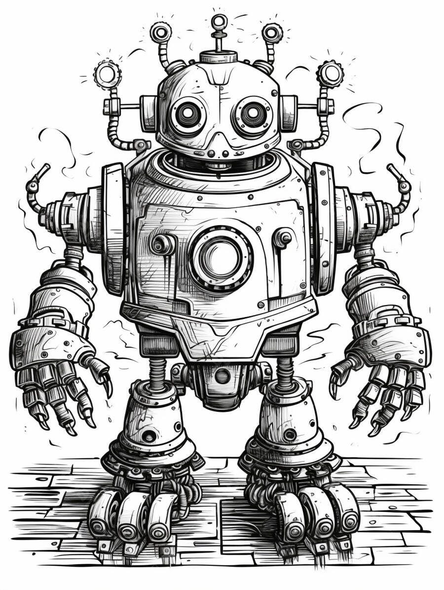Robô vintage ilustração preta e branca estilo steampunk