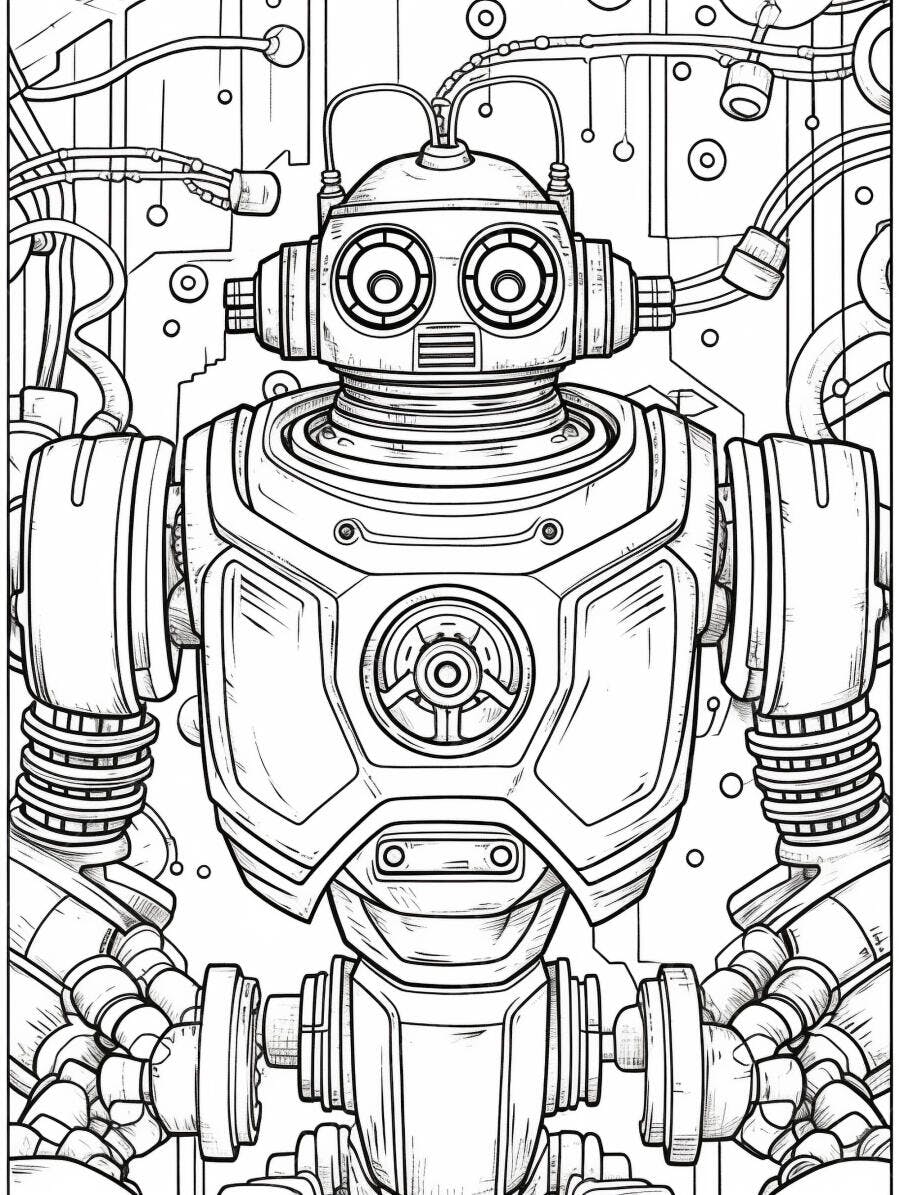 Robô vintage desenho para colorir com fios e engrenagens detalhadas