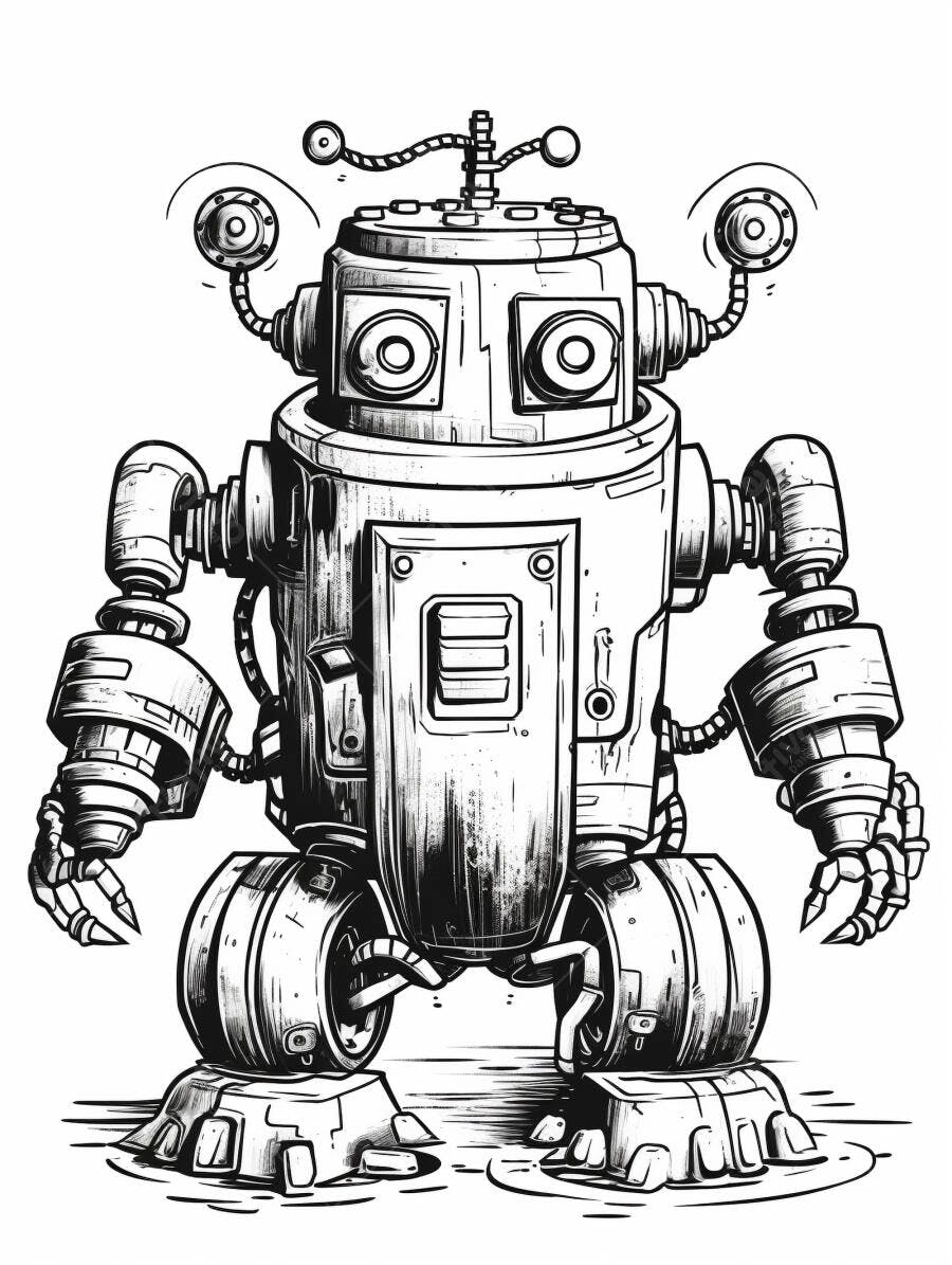 Robô mecânico vintage preto e branco em ilustração detalhada