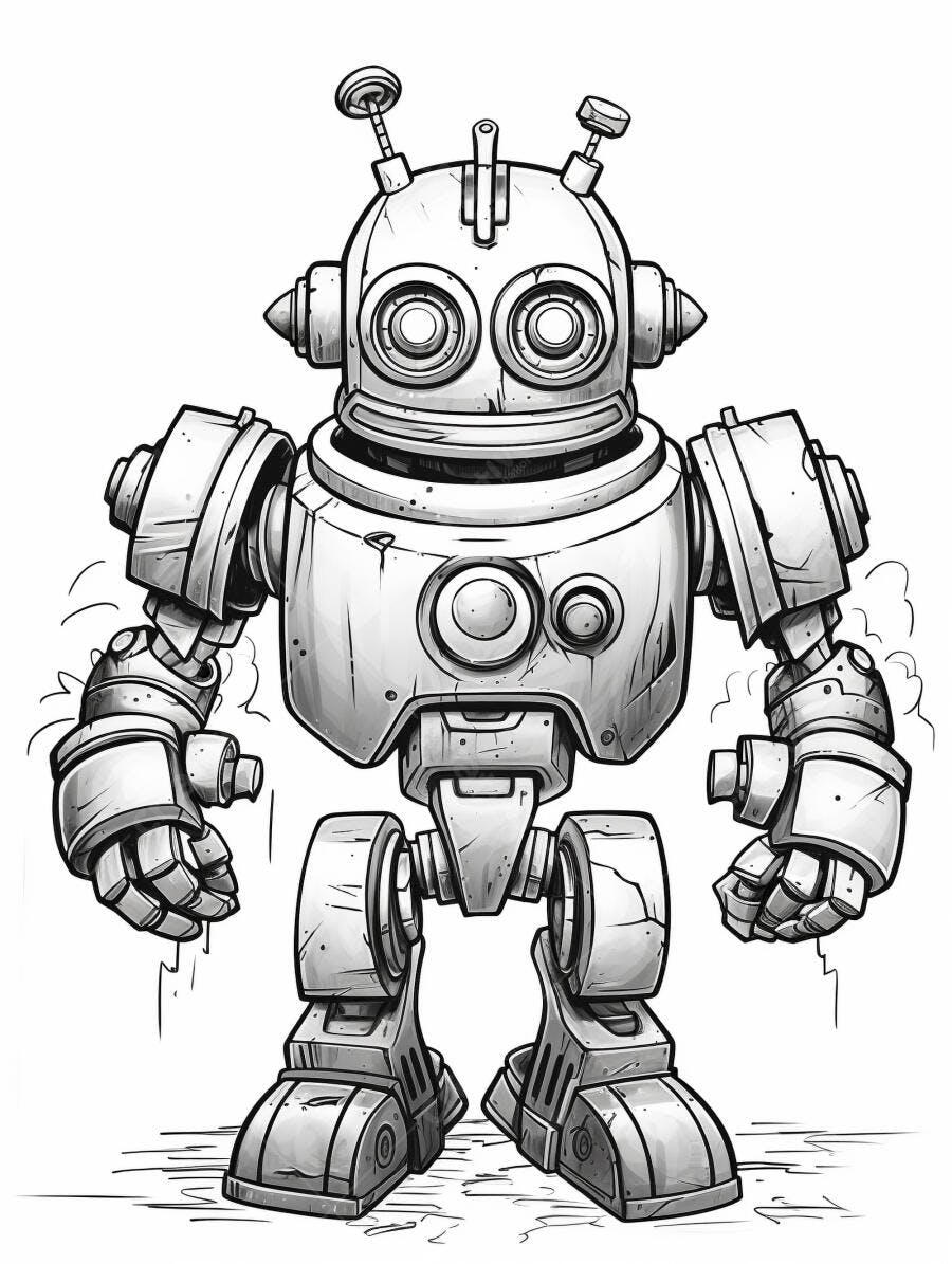 Robô cartoon estilo vintage ilustração cinza e branco com antenas e olhos grandes