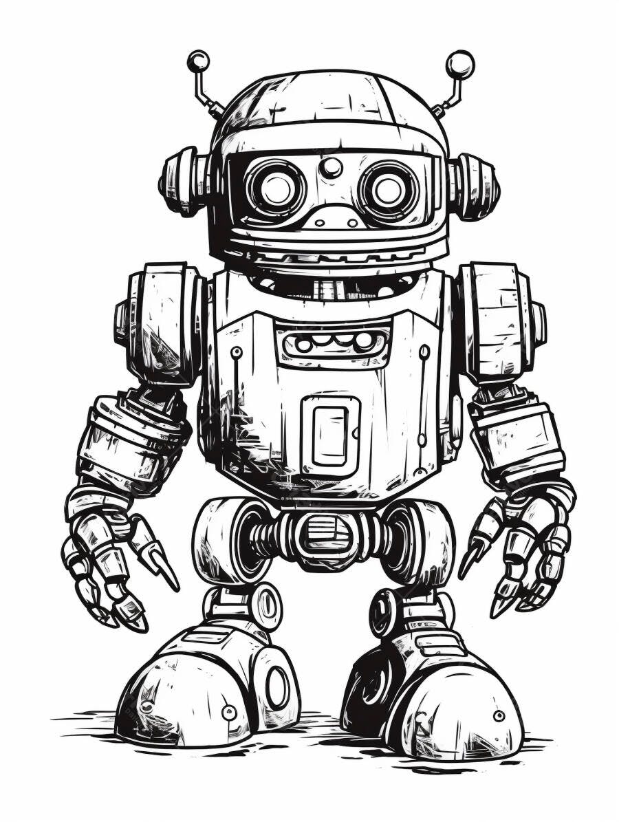 Robô amigável de desenho animado preto e branco ilustração mecânica futurista