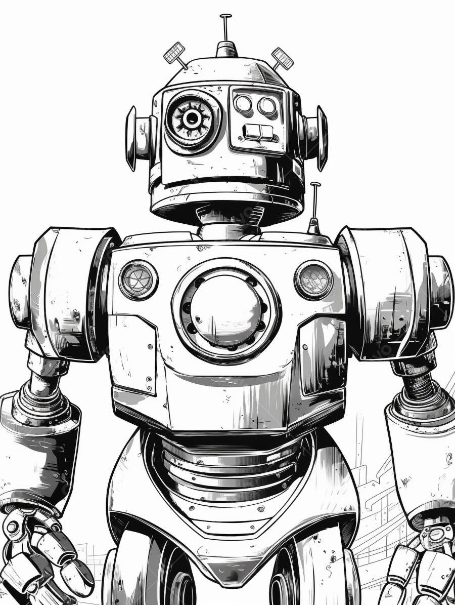 Robô vintage em ilustração preto e branco estilo desenho animado com detalhes mecânicos