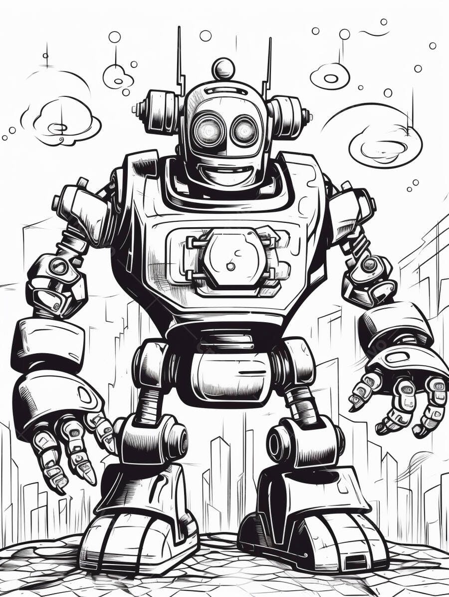 Robô amigável desenho preto e branco em cenário de cidade futurista