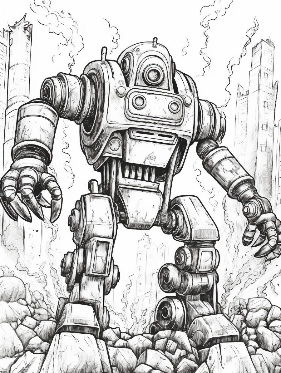 Robô gigante em cenário de cidade destruída ilustração preto e branco