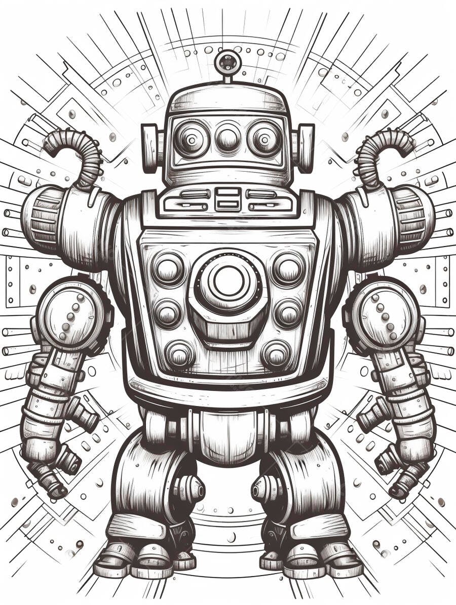 Robô vintage desenho para colorir detalhes mecânicos e fundo futurista
