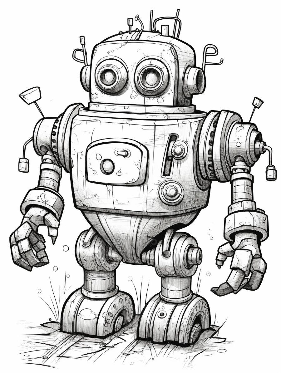 Robô vintage fofo em estilo desenho para colorir em pé no chão