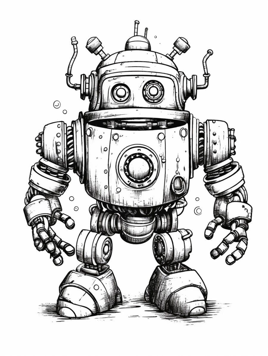 Robô vintage ilustração desenho preto e branco detalhado