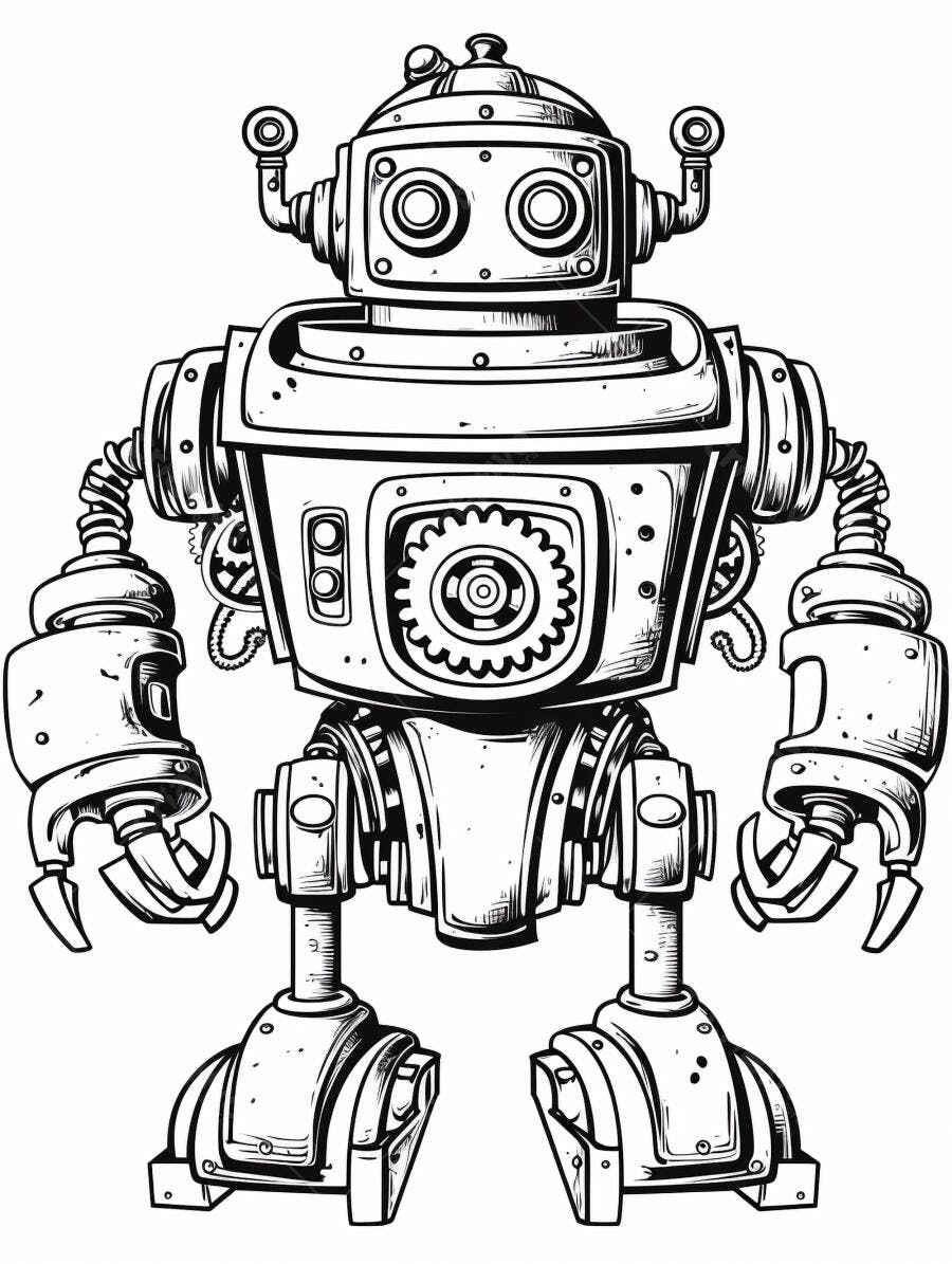 Robô vintage desenho de linha engraçado com engrenagens e antenas