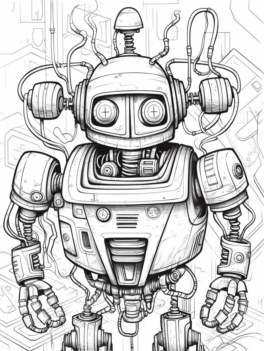 Robô amigável com fiação exposta em desenho técnico monocromático