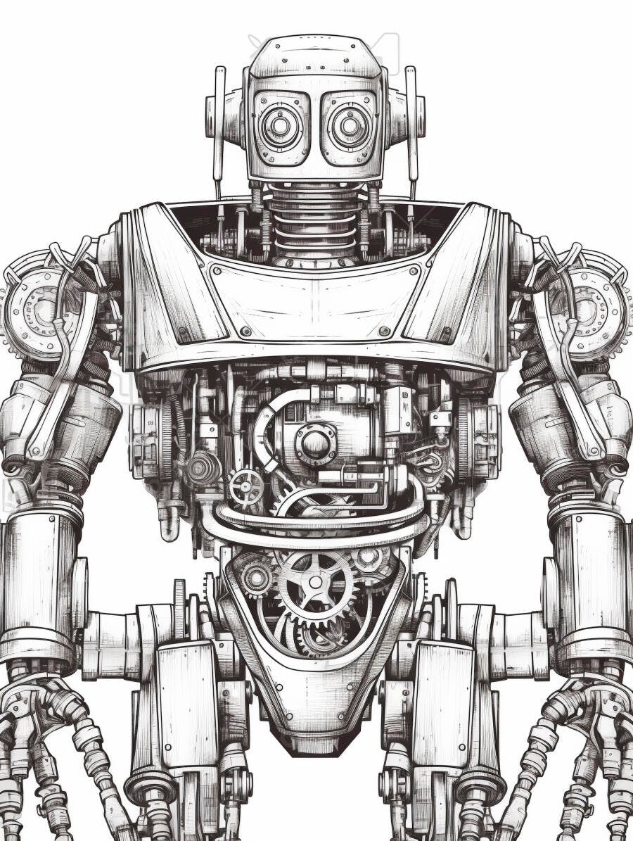 Robô steampunk vintage detalhado desenho a tinta preto e branco